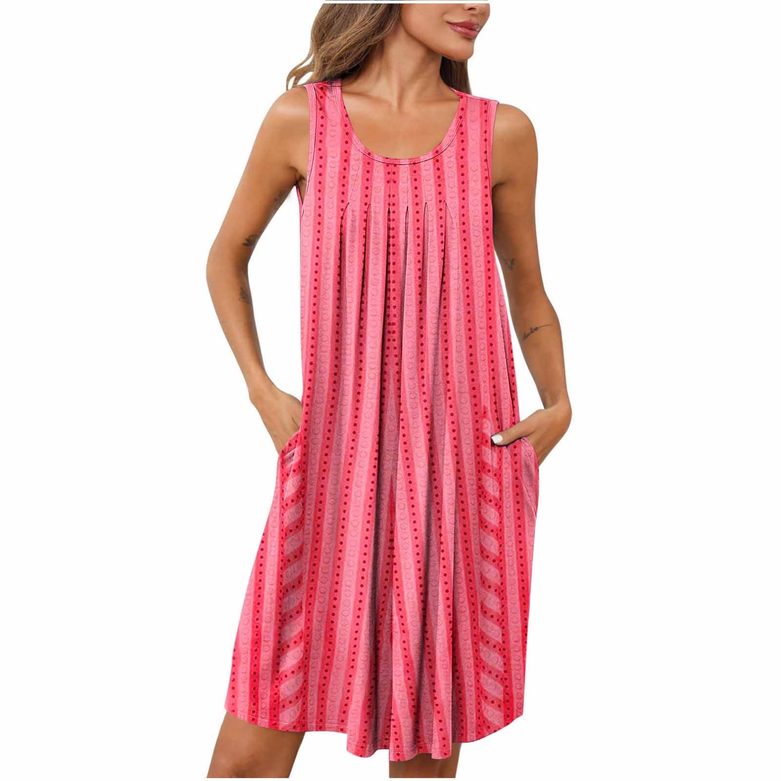 ZQUUVOU Women s Nightgown Sleeveless Cotton Sleepwear Wide Strap Sleep Shirt Pleated Scoopneck Nightshirts Pink A