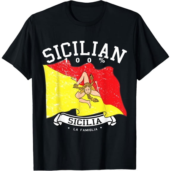 Sicilian Pride 100% Sicily Flag Trinacria Vintage Graphic T-Shirt Retro La Famiglia Italian Heritage Men Unisex Black Short Sleeve Tee