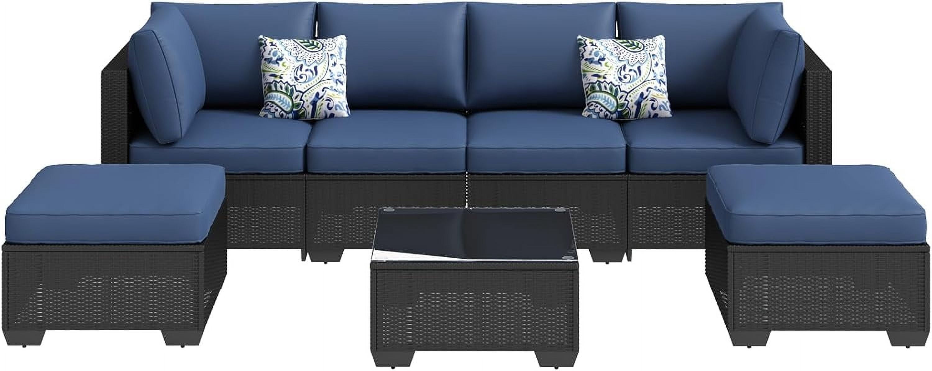 Danrelax 7-Piece Outdoor Sectional Sofa Patio Conversation Set, Black PE Rattan Wicker Furniture, Steel Frame in Dark Blue
