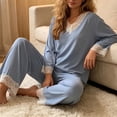thumbnail image 4 of YYDGH Pajamas Sets for Women Two Piece Lounge Outfits Lace Trim V Neck Top Long Sleeve Tops and Wide Leg Pants Sleepwear Loungewear Nightwear Suit, 4 of 6