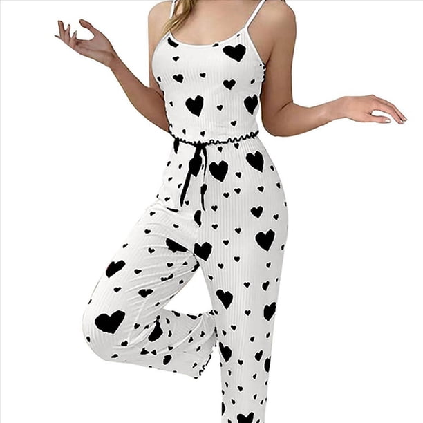 Pijama de Dos Piezas con Top Corto con Estampado de Corazones y Pantalones Anchos para Mujer. Ropa de Dormir para Estar en Casa. Amor Negro y L