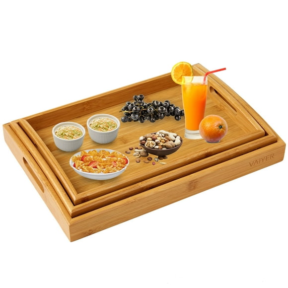 Plateau de Service en Bambou 3 Pcs avec Poignées, Ensemble de Plateaux de Service Emboîtables
