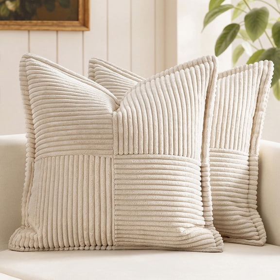 Lanola Beige Pillow Covers 12x12 inch with Splicing Set of 2 Super Soft Boho Striped Christmas Pillow Covers Broadside Decorative Textured Throw Pillows for Couch Cushion Livingroom