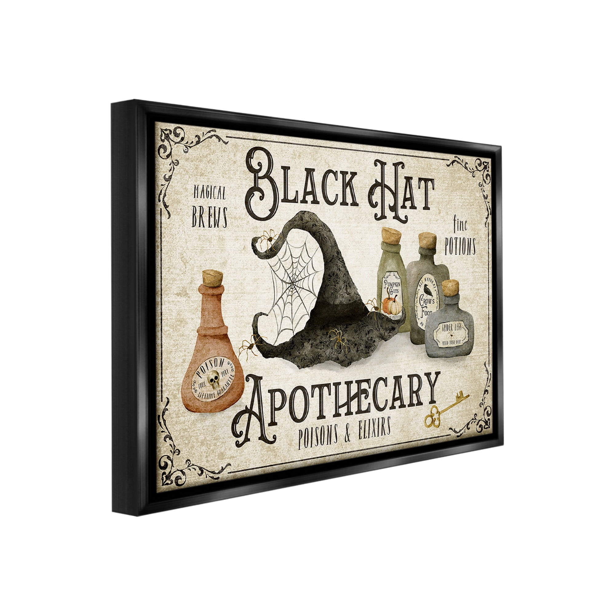 Stupell Industries Vintage Black Hat Apothecary Holiday Painting Black Floater Framed Canvas Art Print Wall Art, 31 x 25