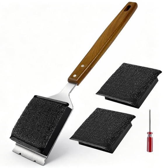 LANDLIT Bristle Free Grill Brush and Scraper for Barbecue, BBQ Grill Cleaning Brush with 2 Replaceable Head & Screwdriver - Long Wooden Handle, No Scratch - BBQ Cleaning Accessories for Outdoor Grill