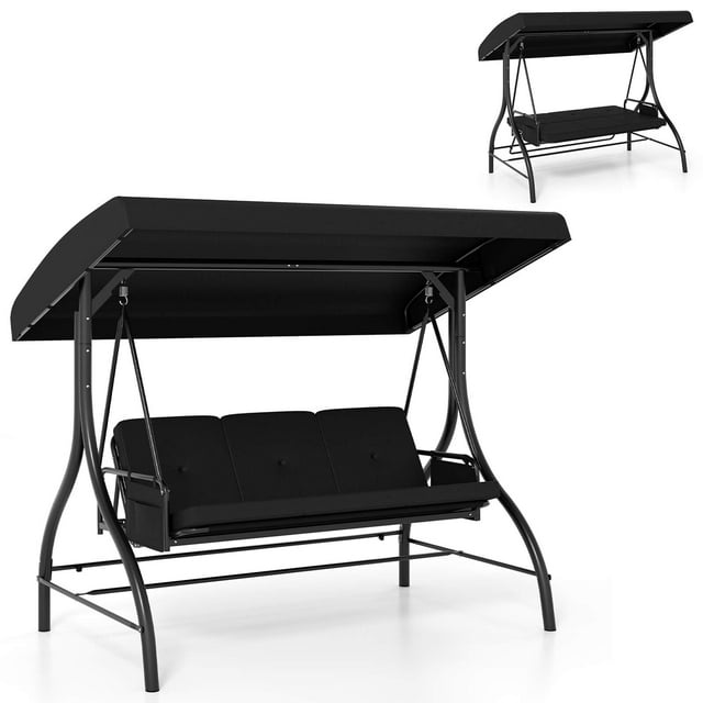 Costway 3-Seat Patio Swing with Canopy with Removable Cushions & Side Pockets Stand Black