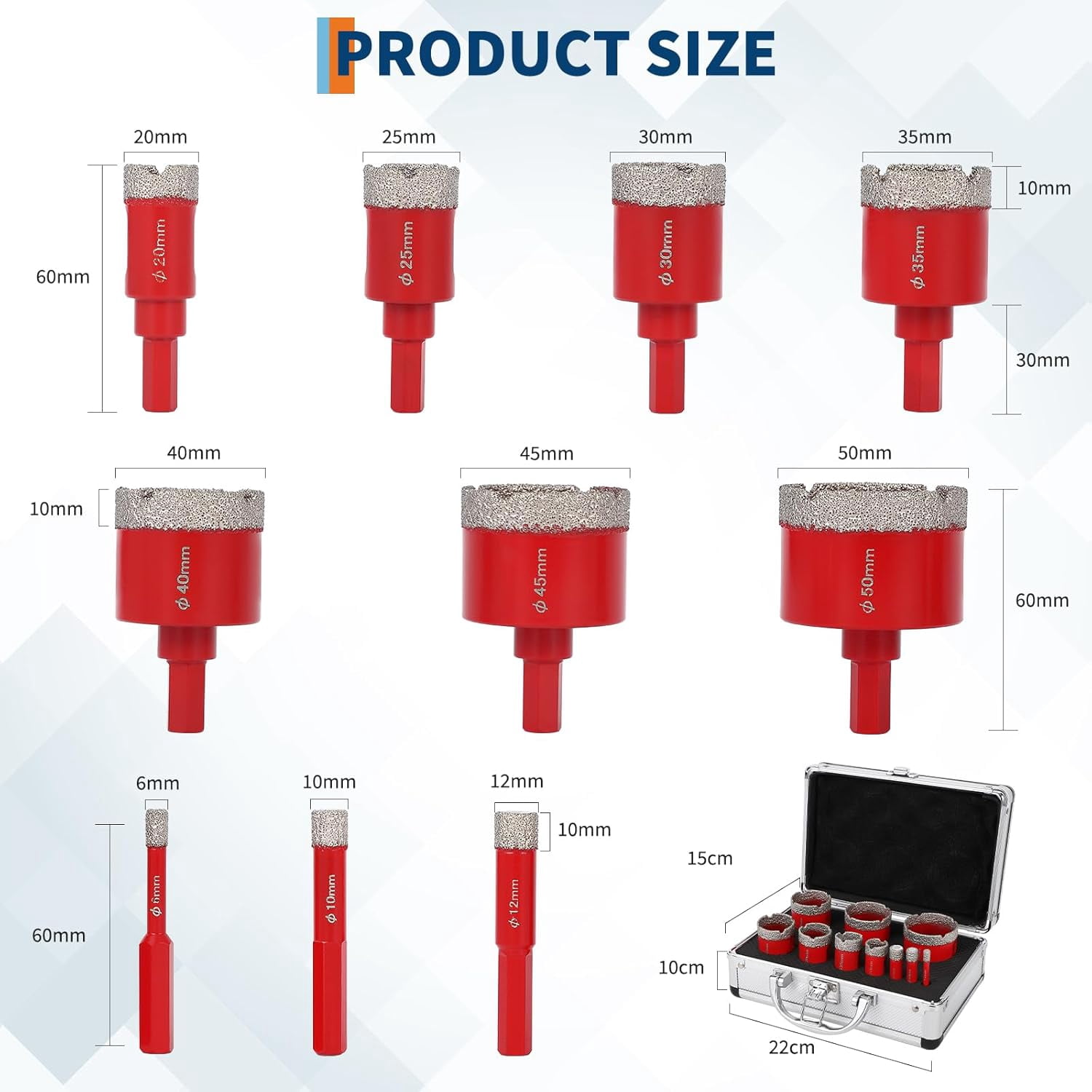 Diamond Tile Hole Saw Kit 10pcs Tile Hole Saw Kit 6/6/20/25/35/50/75/100MM for Tile Porcelain Ceramic Marble with Chamfer Drill Bit and Hexagonal Shank Adapter