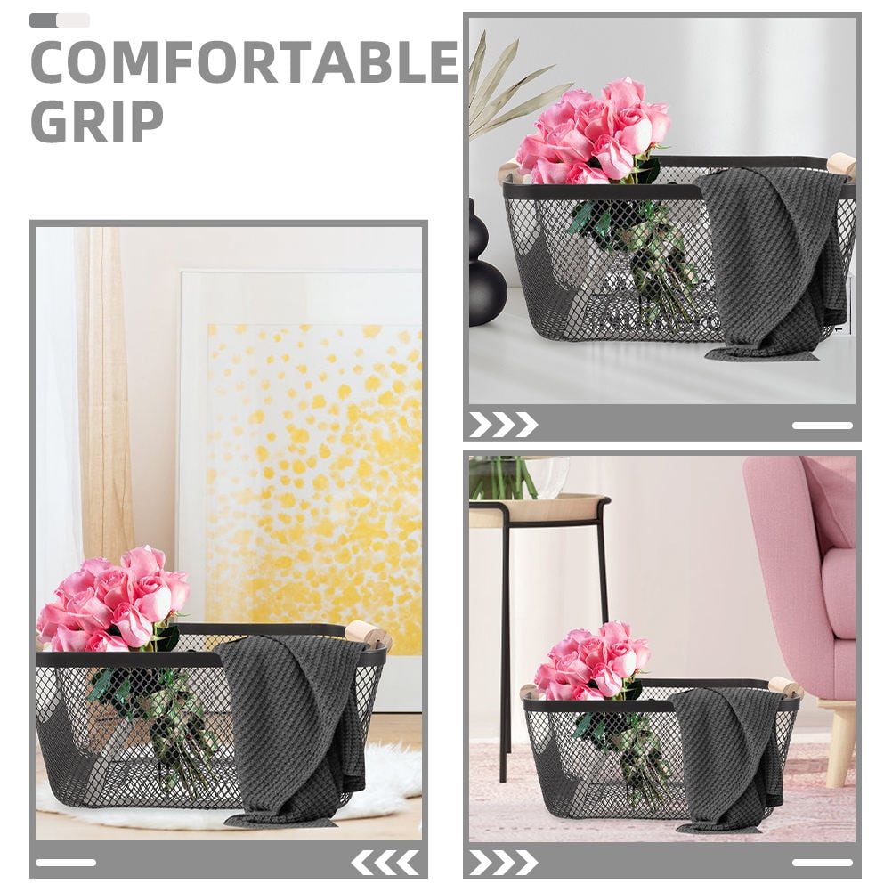 WHAMVOX Black Wrought Iron Wire Storage Basket with Wooden Handles for Organizing and Storage 12 x 8 x 6.5 Inches