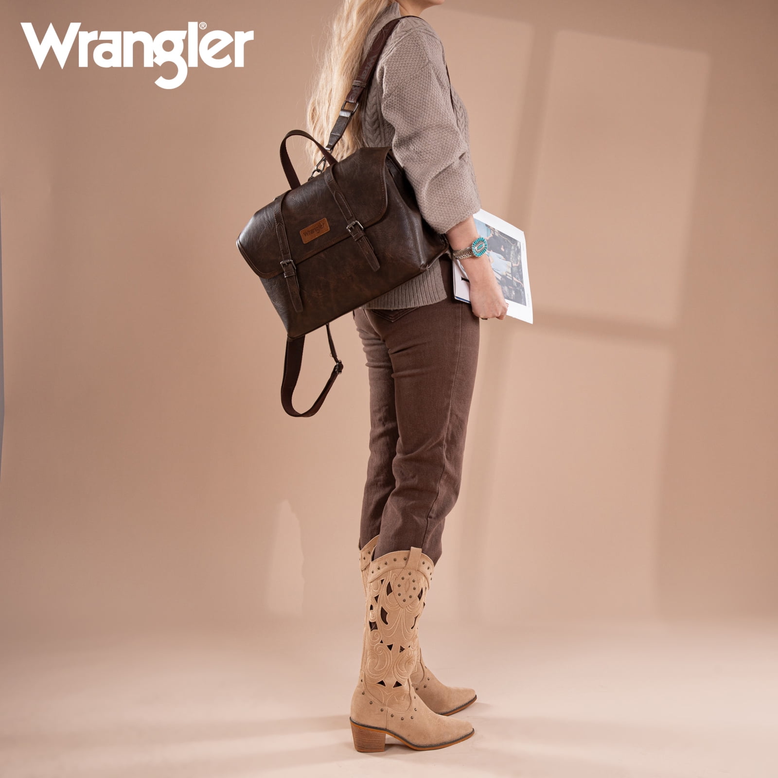 Wrangler Backpack Purse for Women Vegan Leather Fashion Anti Theft Convertible Backpack with Adjustable Strap, Coffee