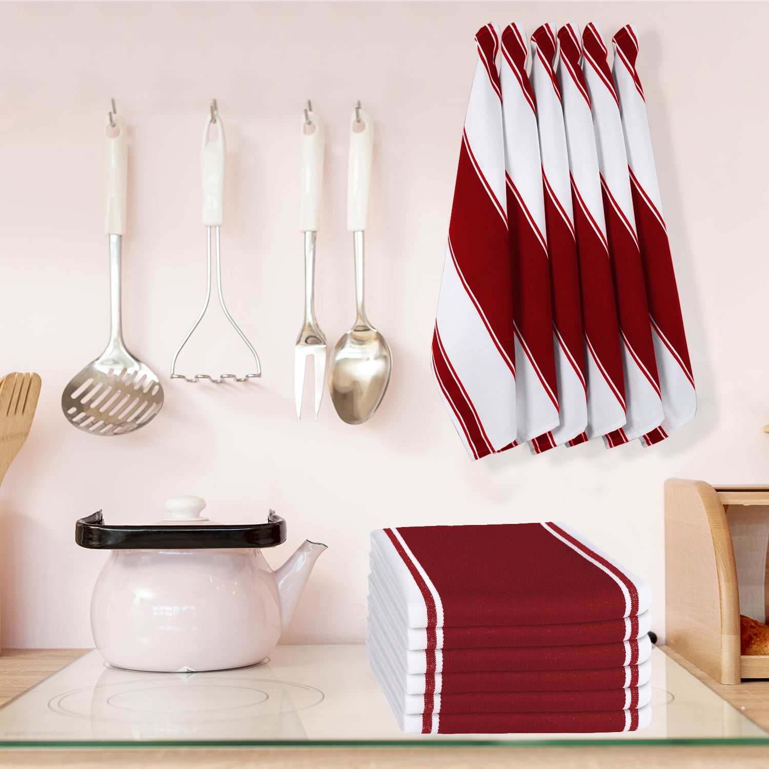 Native Fab Stripe Kitchen Dish Towel Set of 12 Cotton 18x28 Red White