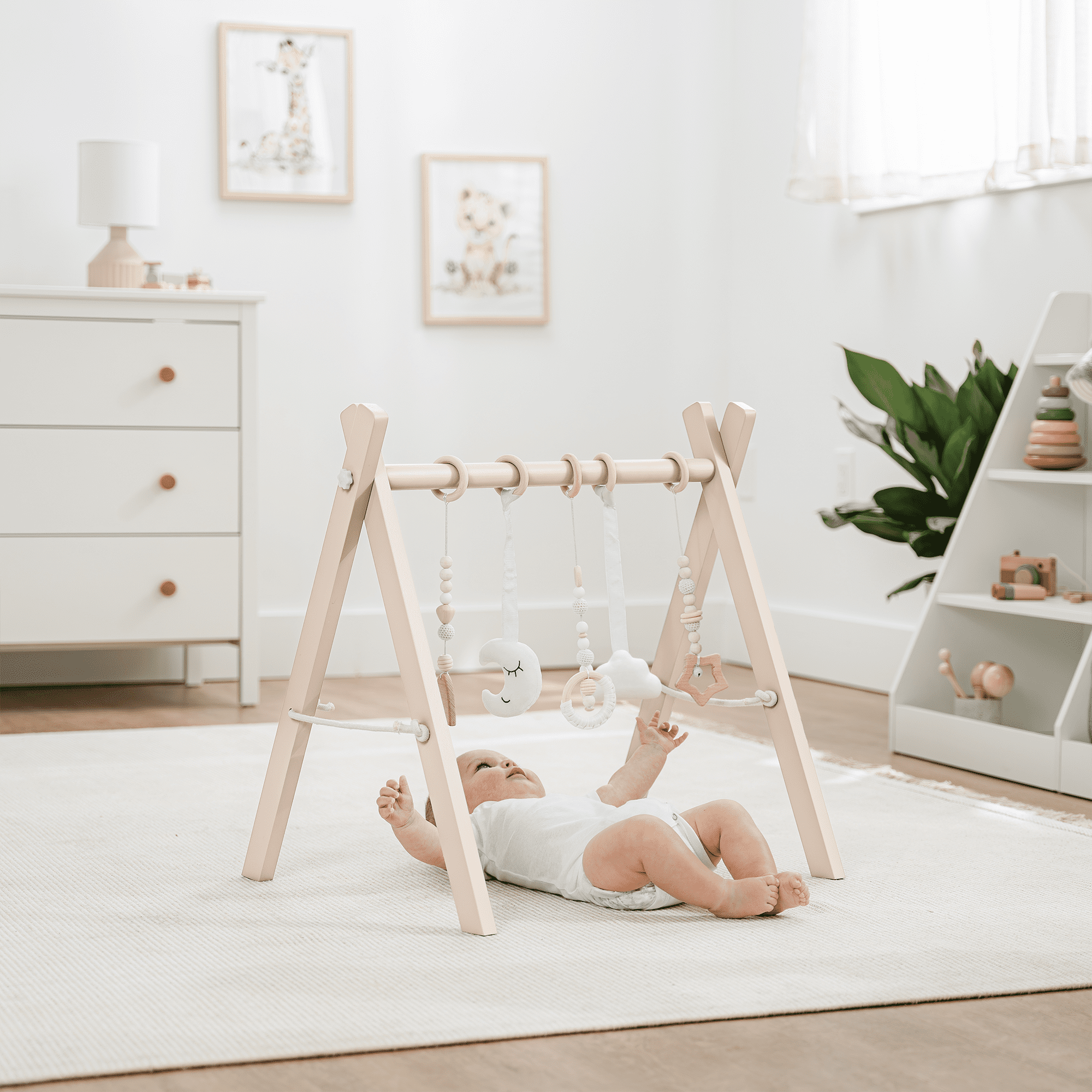 Comfy Cubs Baby Play Gym Set, Wooden Hanging Bar with Gym Toys, Foldable for Infants, Blush