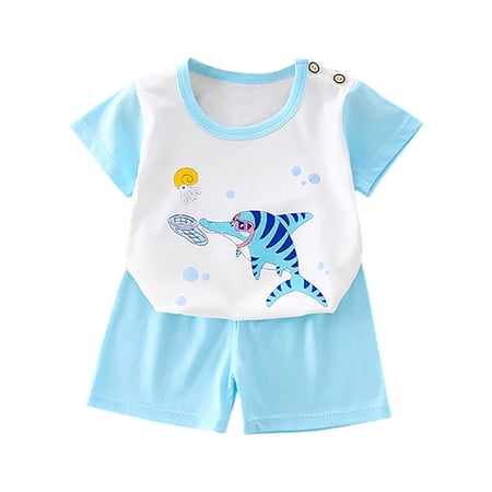 Quealent Toddler Boys Cartoon Print Cotton 2-Piece Summer Outfit Set Casual Short Sleeve T-Shirt Shorts with Cute Prints (Light Blue 3-6 Months)