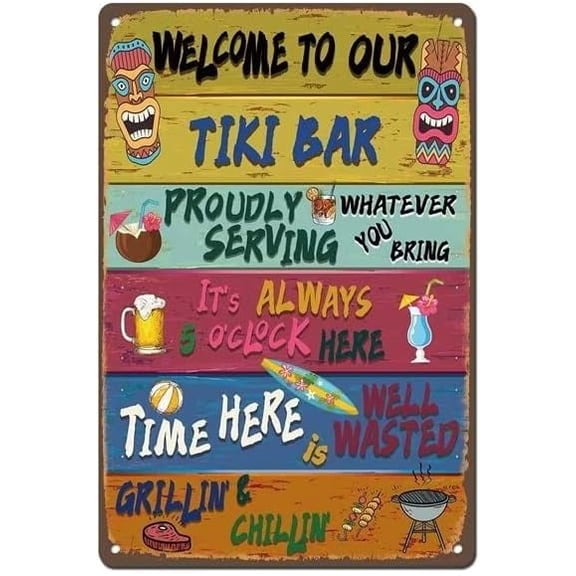 Vintage Welcome to Our Tiki Bar Metal Sign, 8 x 12 Inch Rustic Wall Decor for Outdoor Patio, Beach House, Poolside or Bar