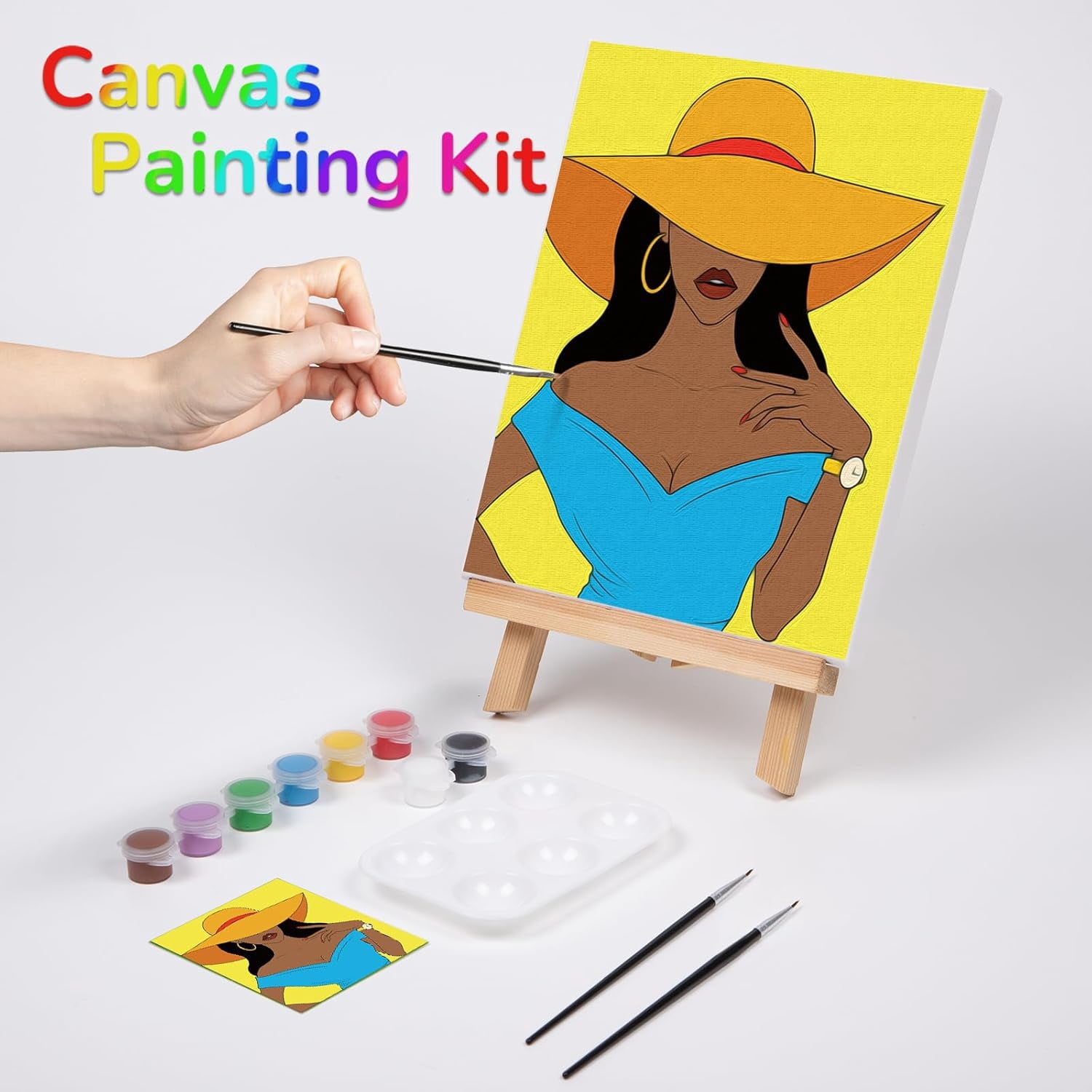 JJEAN-Canvas Painting Kit Pre Drawn Canvas for Adult Party Kits Paint and Sip Party Supplies 8x10 inch Afro Queen 1 Easel,8 Acrylic Colors,3 Brush,1 Pallet Girl Paint Art Set