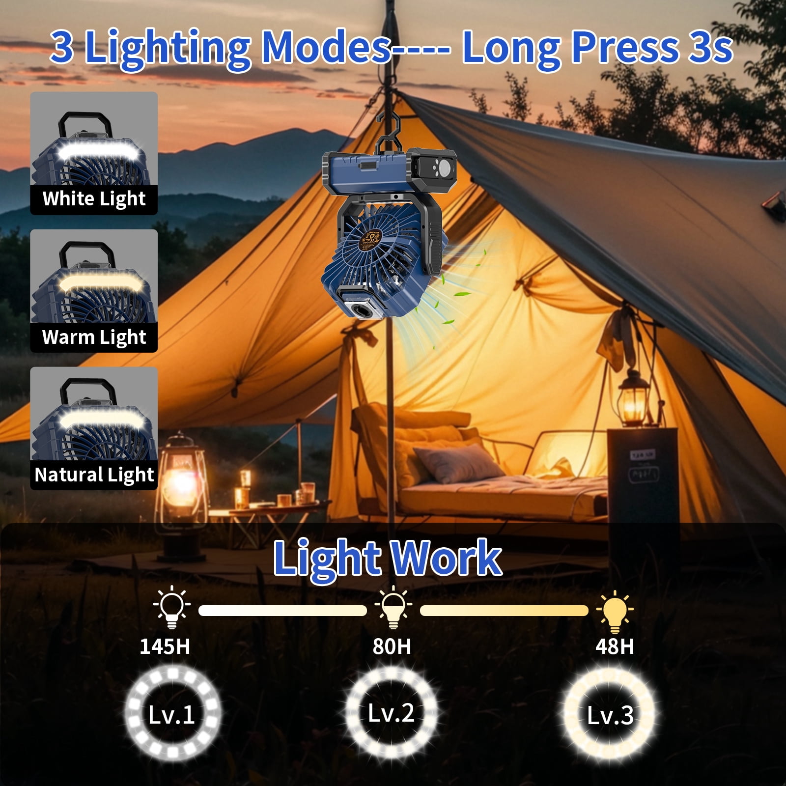 Camping Fan with LED Light, 20000mAh Battery Operated Rechargeable Camping Misting Fan with Hanging Hook, Outdoor Tent Cooling Mist Fans for Home, Office, Car RV, Garden, Travel, Beach - Blue