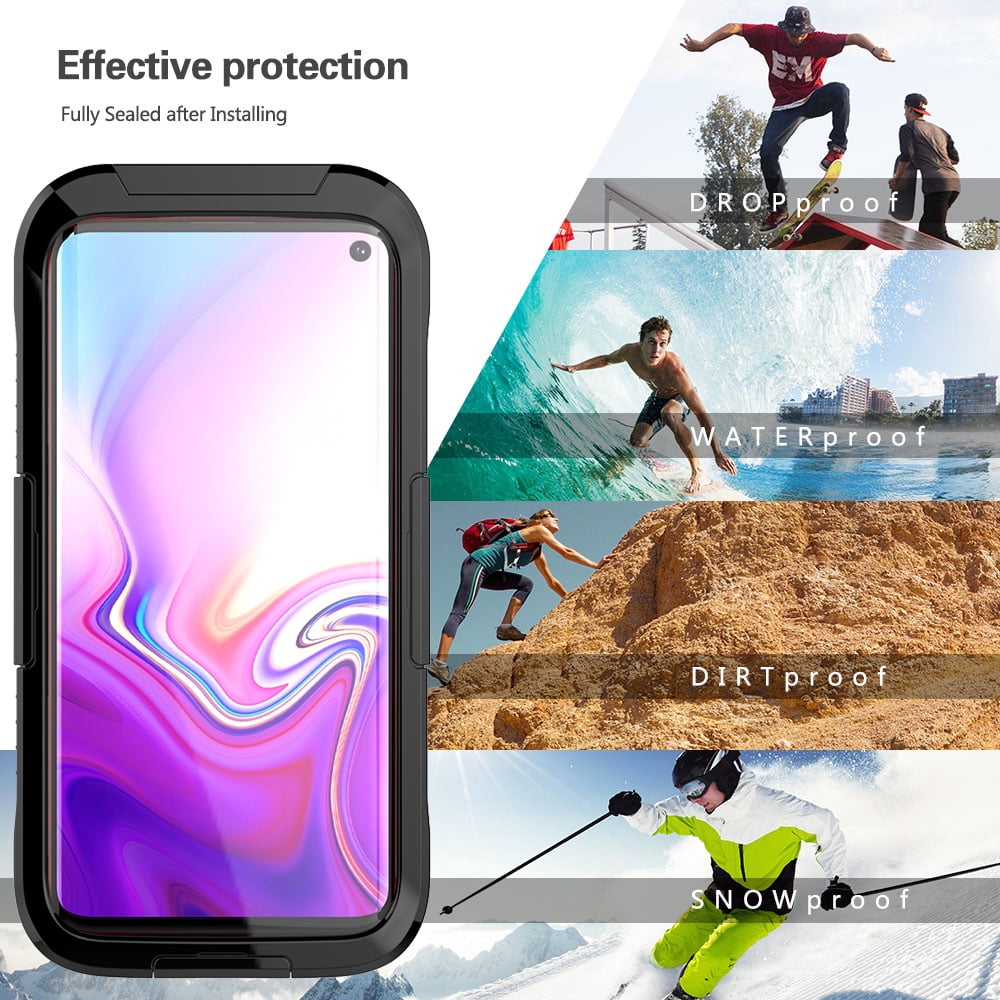 Waterproof Fully Sealed Hard Case For Samsung Galaxy S10 With Plastic Screen Protector Cover For Swimming, Beach, Camping, Vacation Outdoor Use (Black)