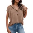 thumbnail image 1 of Tiweut Blouses Women Tops Short Sleeve Summer Loose Fit Solid Color Drawstring V Neck Button Hoodie Lady Tees Brown, 1 of 5