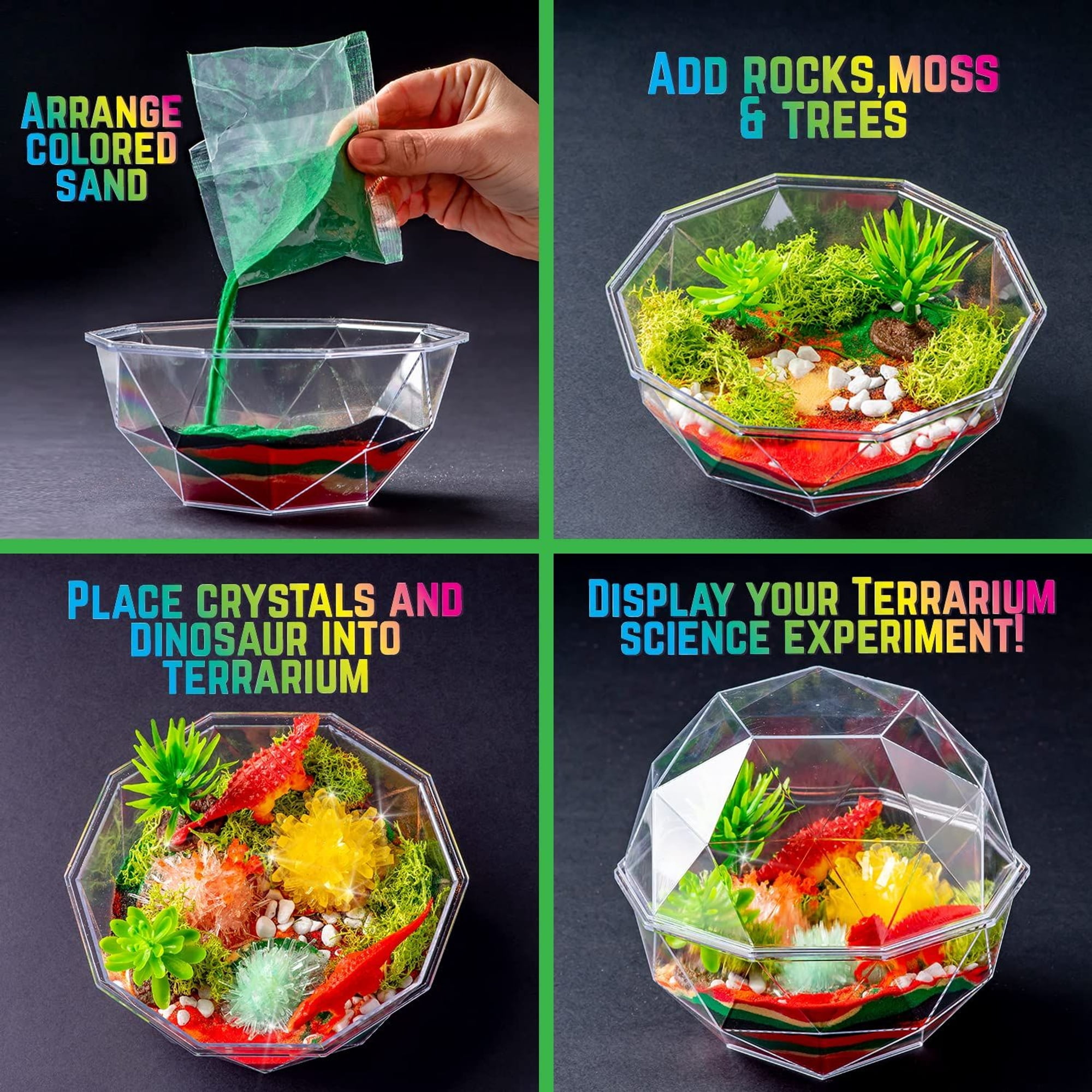 Original Stationery Grow Your Own Crystal Dinosaur Terrarium Kit, All in One Crystal Growing Kit with 2 Dino Figurines and Seeds to Grow 3 Crystals for Kids, Fun Creative Experiment & Great Gift Idea
