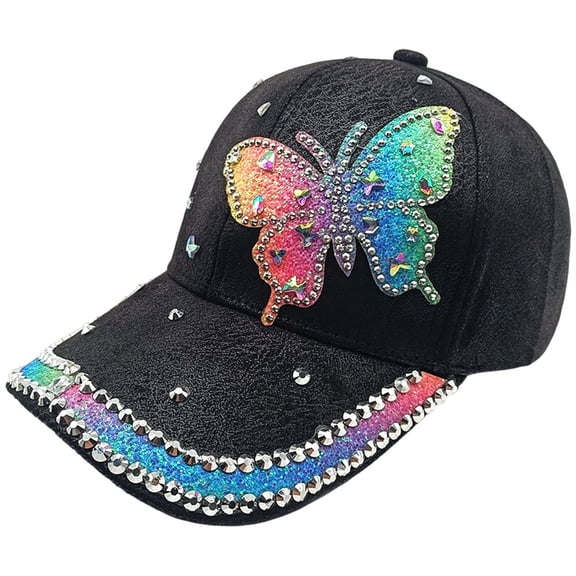 Hsqqdc Rhinestones Butterfly Baseball Cap, Bling Adjustable Sun Hat for Outdoor Sport