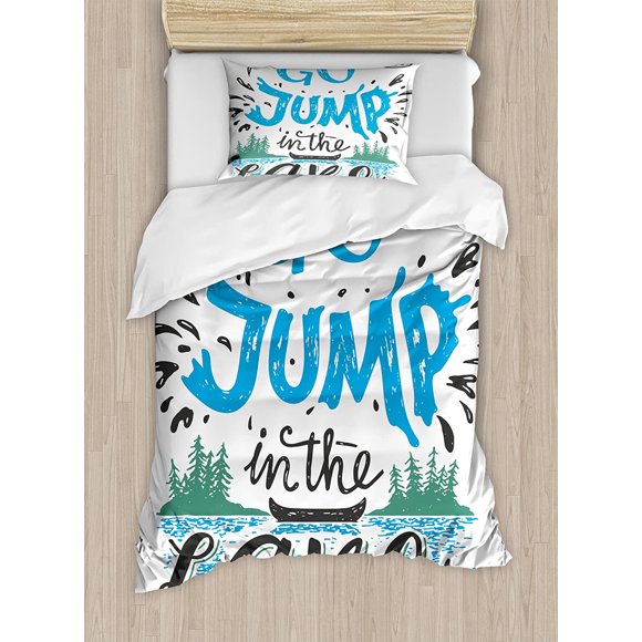 Juego de funda nórdica para cabaña, estilo vintage de tipografía y palabras inspiradoras con letrero de lago con tema de pesca en canoa, juego de cama decorativo de 3 piezas con 2 fundas de almohada,