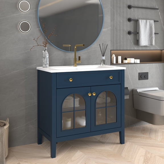 35.6" Bathroom Vanity with Sink, Freestanding Bathroom Sink Cabinet with Patterned Glass Door & 1 Flip-Down Drawer, High-end Restroom Vanity Cabinet, Blue