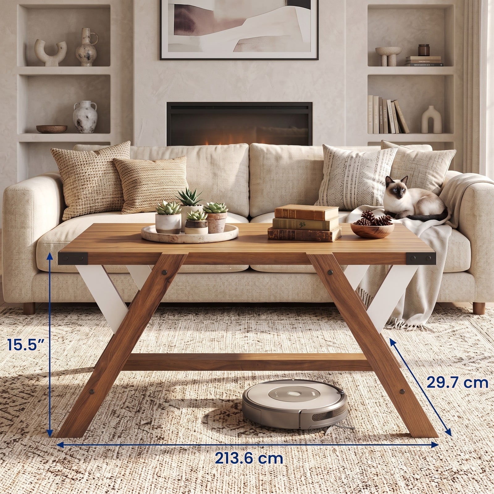 Furnibear Farmhouse Coffee Table, Rectangle Center Table with Nailhead Accents, Wood Living Room Cocktail Table with Anti-Wobble Legs and H-Shaped Base, Walnut