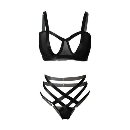 

XHJUN Lingerie Set with Robe Women s Push Up Underwire Strappy Harness Lingerie Bra and Panty Set Black S