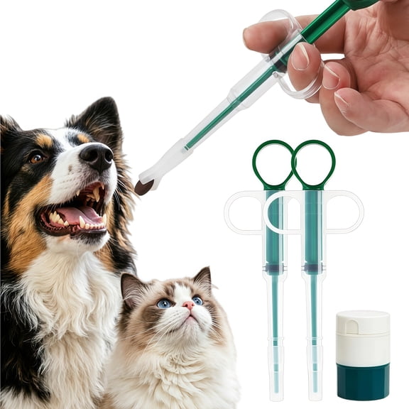 2 Pack Pet Pill Shooter with Pill Cutter Storage, 2 Soft Tips per Syringe, Pet Pill Popper and Medicine Dispenser Feeding Kit,Ideal for Small Cats, Dogs & Small Animals