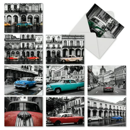 M6550OCB HAVANA HOTRODS' 10 Assorted All Occasions Note Cards Featuring Cool Antique Automobiles Tooling Around a Cuban Cityscape with Envelopes by The Best Card
