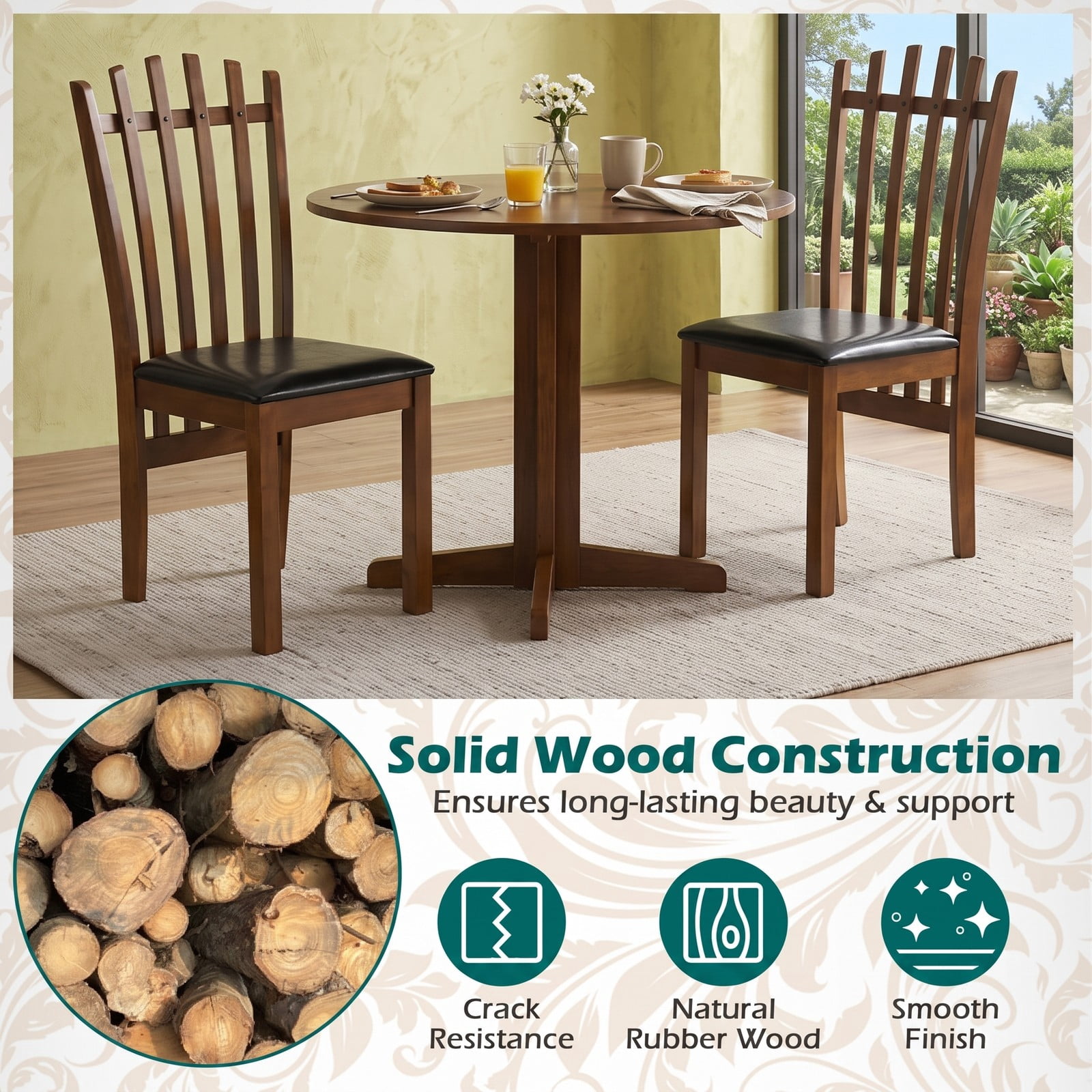 Furnibear Wooden Dining Chair Set of 2 Spindle Back Kitchen Chairs with PU Leather Padded Seat, Solid Rubber Wood Armless Side Chairs for Dining Room, Walnut & Black