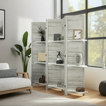 GVN Privacy Panels Decorative Privacy Fence,5 Panel 67" Tall Wood Privacy Screen Room Divider with 3 Shelves and Folding Storage, Distressed White