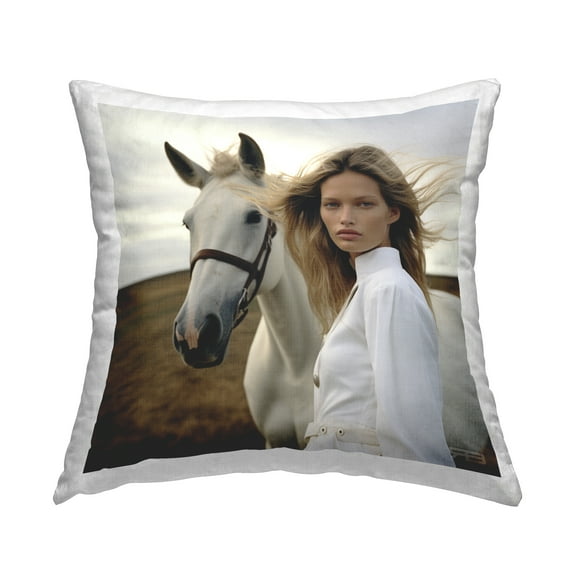 Stupell Industries Girl in White with Horse Decorative Printed Throw Pillow Design by RB.