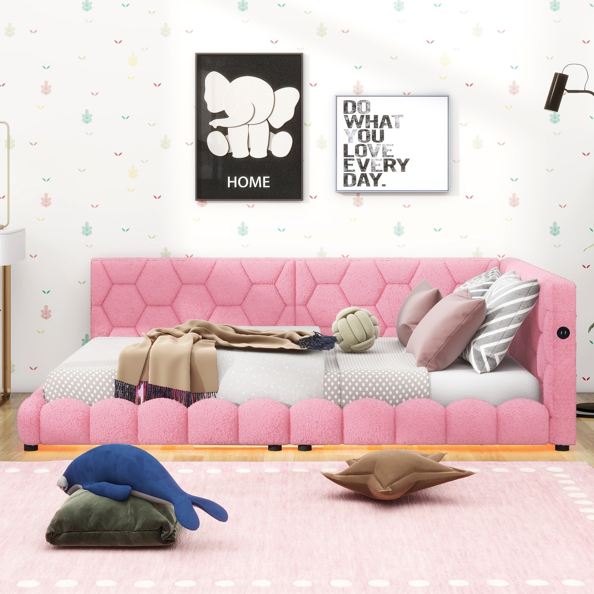 Euroco upholstery Tufted Full-Size Low Profile Daybed with USB Charging and LED Light Pink