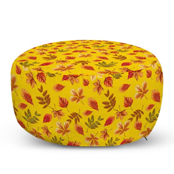 Burnt Orange Pouf Cover with Zipper, Autumn Fallen Tree Leaves Repetition Fall Forest Nature Freshness, Soft Decorative Fabric Unstuffed Case, 30" W X 17.3" L, Mustard and Multicolor, by Ambesonne
