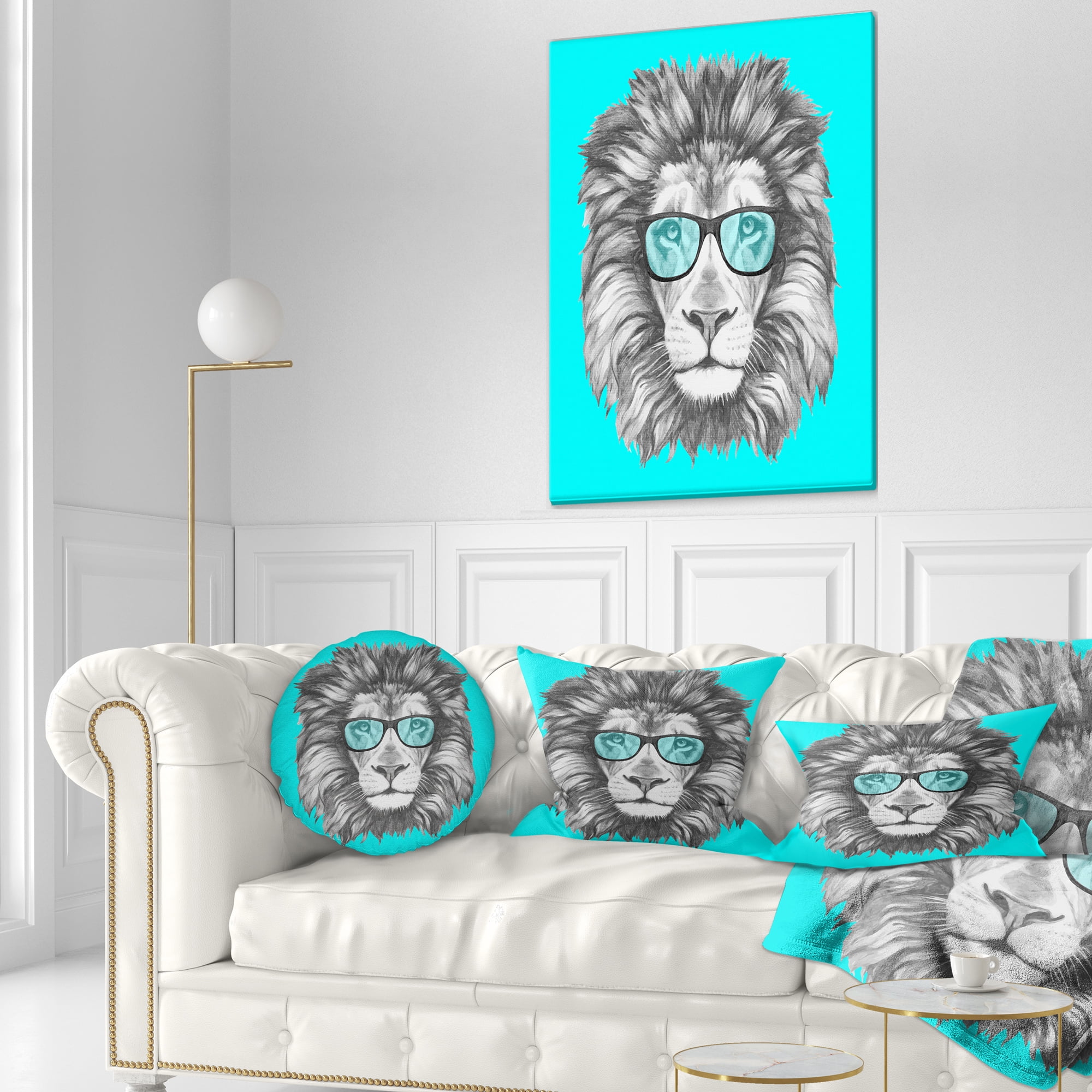 Designart Funny Lion with Blue Glasses - Animal Throw Pillow - 12x20