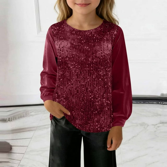 EGNMCR Mode Fille Décontracté Couleur Unie Col Rond Manches Longues Haut à Paillettes Blouse Fille Robe en Polyester