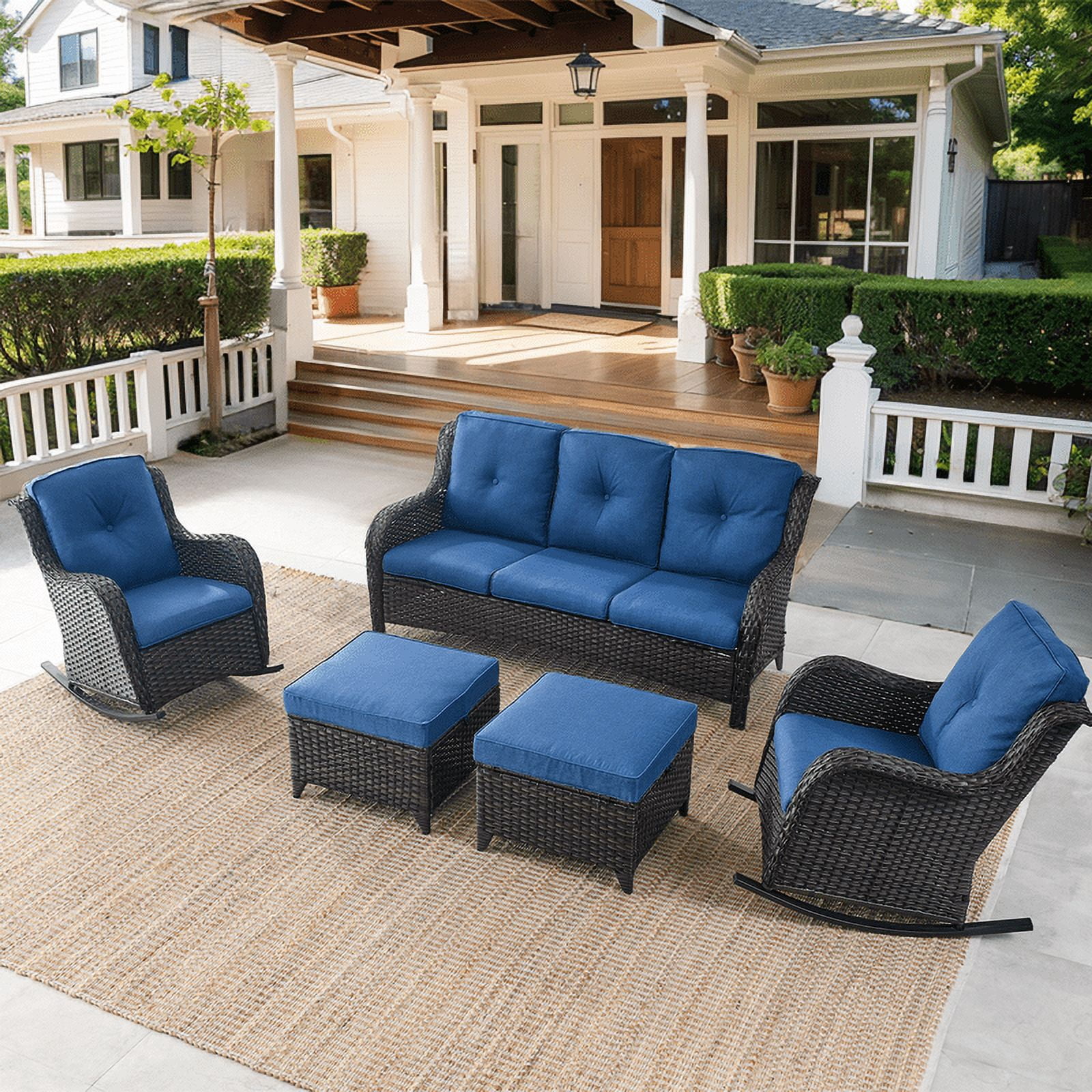 PARKWELL 5-Piece Outdoor Wicker Conversation Set Patio Furniture Couch Rocking Chairs Set with Ottoman,Navy