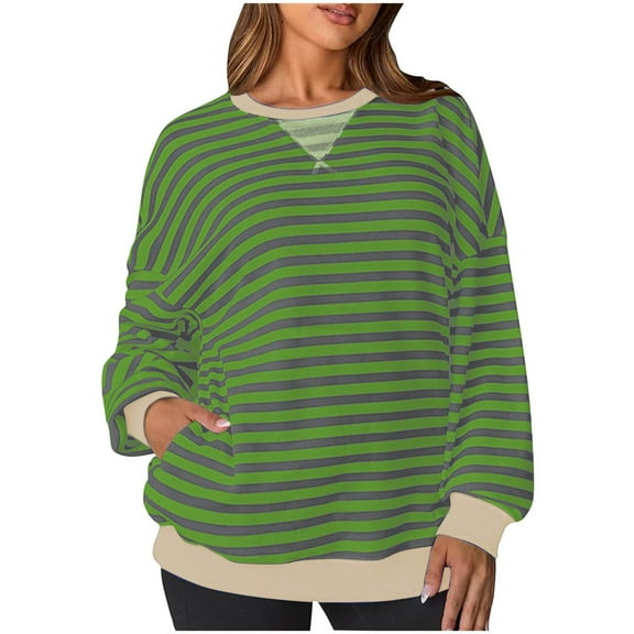 Gnshining Oversized Striped Sweatshirt for Women Long Sleeve Crew Neck Tunic Pullovers Fall Fashion Loose Casual Color Block Tops