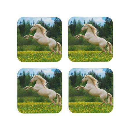 

Vsdgher Horse Rearing Up In The Field Leather Coasters for Drinks Durable Drink Coasters 4 Set for Tabletop Protection Luxurious Home Décor and Housewarming Gift-Square