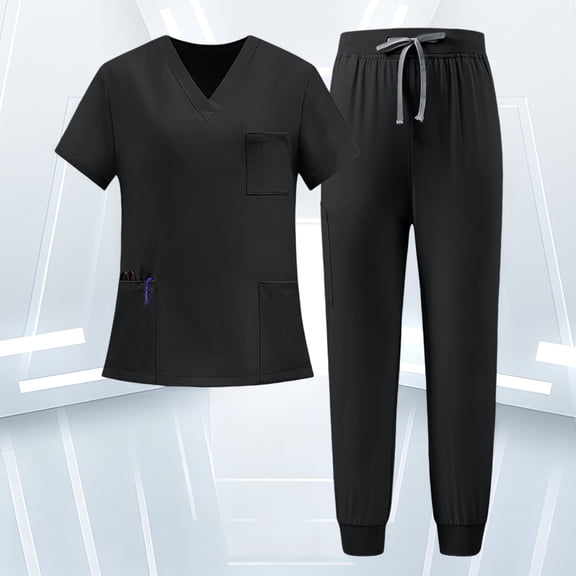 VV AVEORS Scrubs For Women Set Stretch V-Neck Scrub Tops Jogger Pant Nursing Uniforms Scrubs Sets Breathable Casual Outfits Black XL