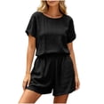 thumbnail image 2 of Costeam Womens Round Neck Short Sleeve 2 Piece Crinkled Textured Matching Outfit Set Elastic Waist Pull On Shorts with Side Pockets Solid Color Loose Fit Casual Loungewear Suit, 2 of 5