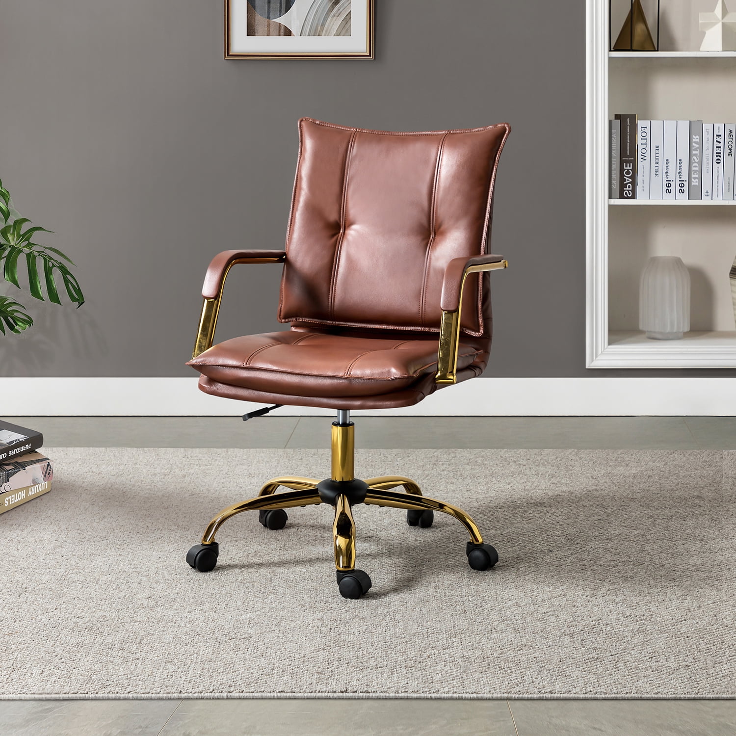 Modern Vegan Leather Home Office Task Chair Computer Desk Upholstered Tufted Mid Back Armrest Swivel Adjustable Workstation Brown