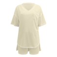thumbnail image 4 of Ketyyh-chn99 Ensembles Deux Pièces pour Femmes Shorts en Lin Femmes Manches Courtes Col Rond Pyjama Tenue de Nuit Ensemble 2 Pcs Beige,m, 4 of 4