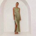 thumbnail image 5 of Olive Green Satin Slip Dress With Side Slit, Ruched Waist, Sleeveless Maxi Evening Gown, 5 of 8