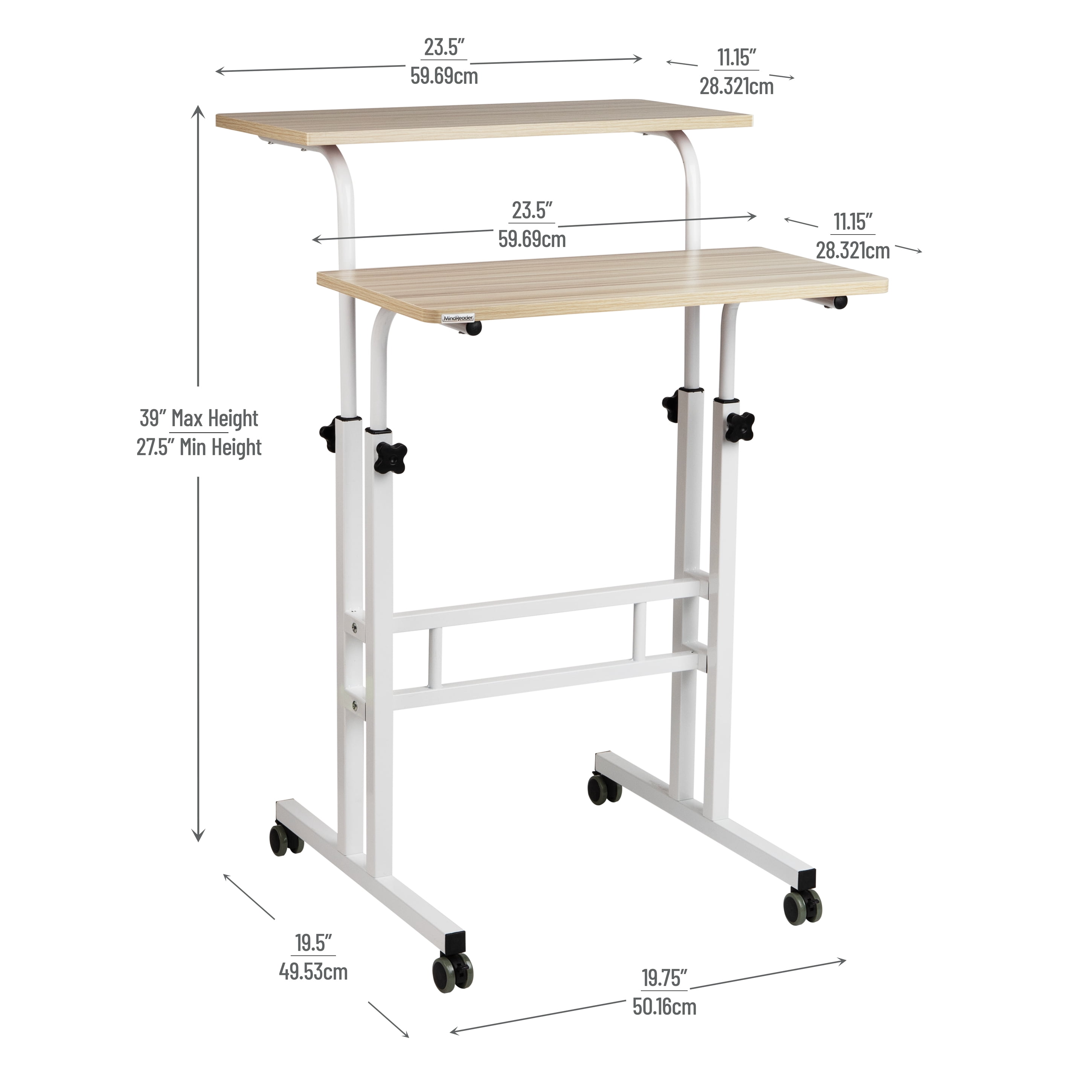 Mind Reader Standing Desk, Adjustable Height Laptop Workstation, Portable Rolling Desk on Wheels, Two-Tier Metal Frame, White