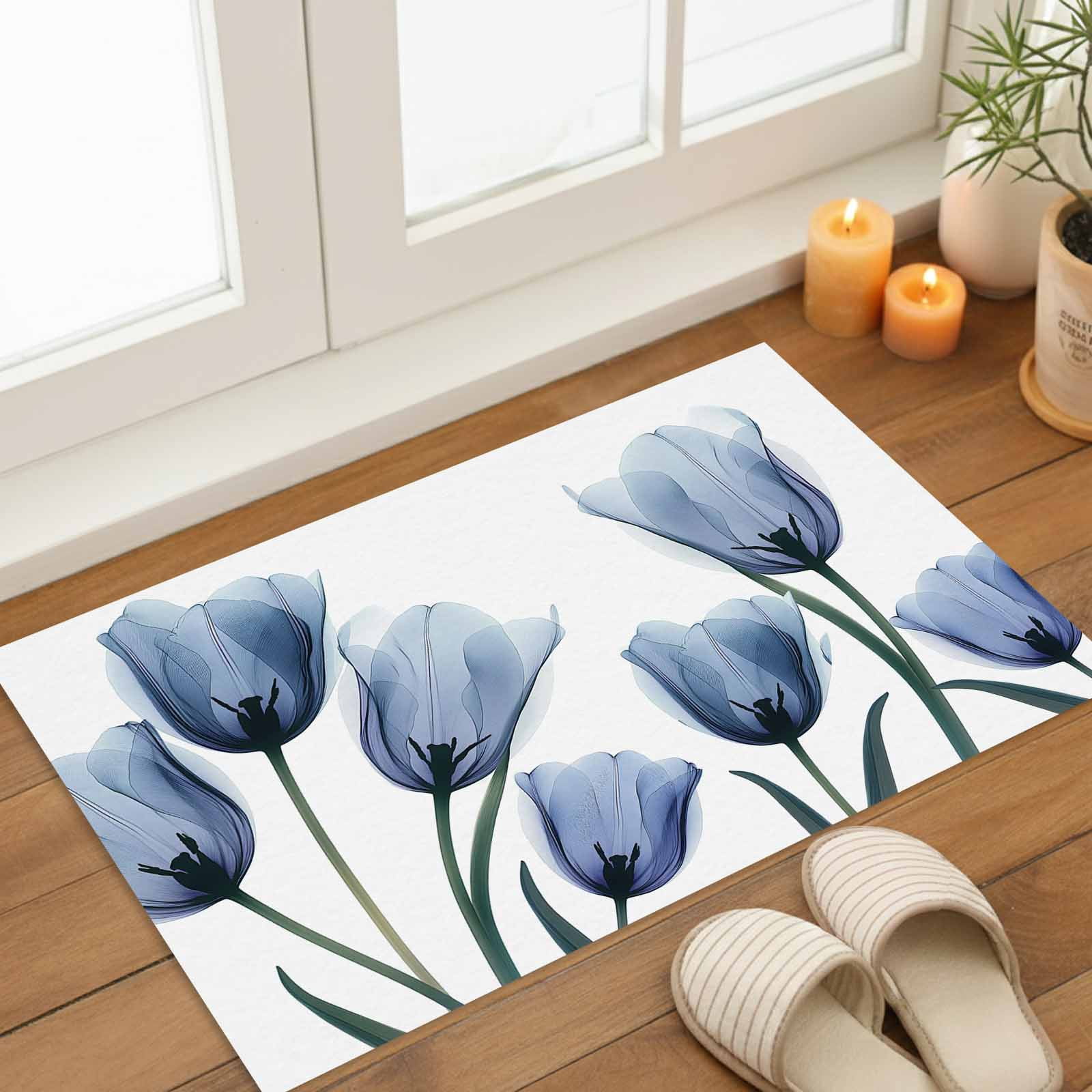Blue Tulips Indoor Door Mat - 18"x30", Non-Slip Welcome Mat for Outdoor, Spring Summer Floral Rustic Botanical Front Doormat for Entry, Low-Profile Doormat Entrance Rug for Kitchen/Bathroom