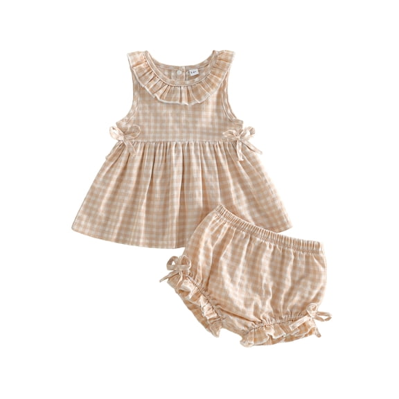 BemeyourBBs Toddler Baby Girl Summer Clothes Baby Girls Gingham 2 Piece Outfit 3 6 12 18 24 Months 2 3 Years Plaid Sleeveless Ruffled Neck Tunin Shirt Tops and Shorts Set