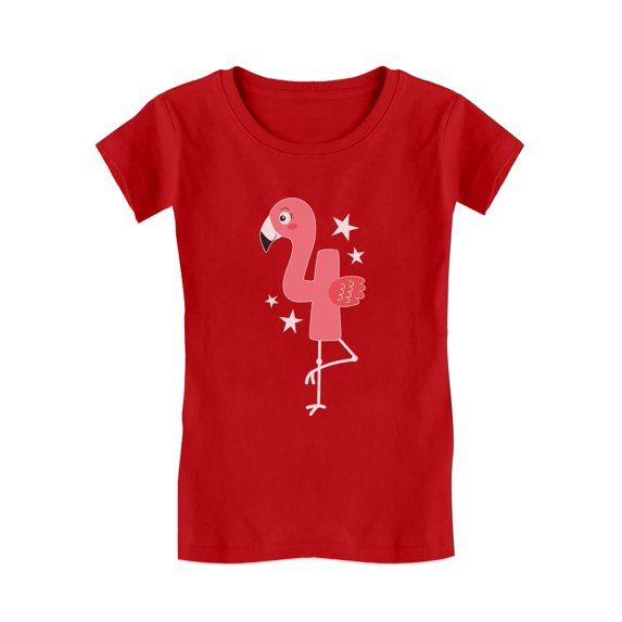Tstars Girls 4th Birthday Gift Flamingo Shirt Birthday Gift for 4 Year Old Birthday Gift for Girls Birthday Gift for Four Year Old Birthday Party B Day Toddler Kids Girls Fitted T-Shirt