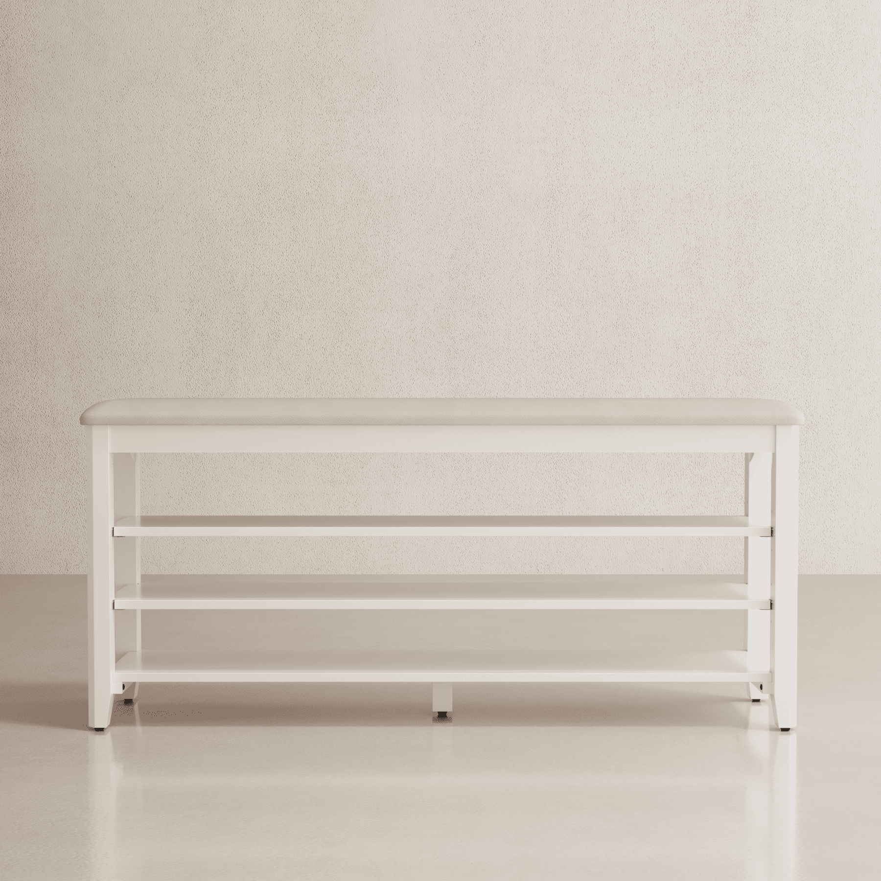 Muwuele 3-Tier Shoe Rack with Leather Cushion, Shoe Organizer Storage with Adjustable Shelves, White Wood Shoe Bench for Entryway, Mudroom, 47.2"W