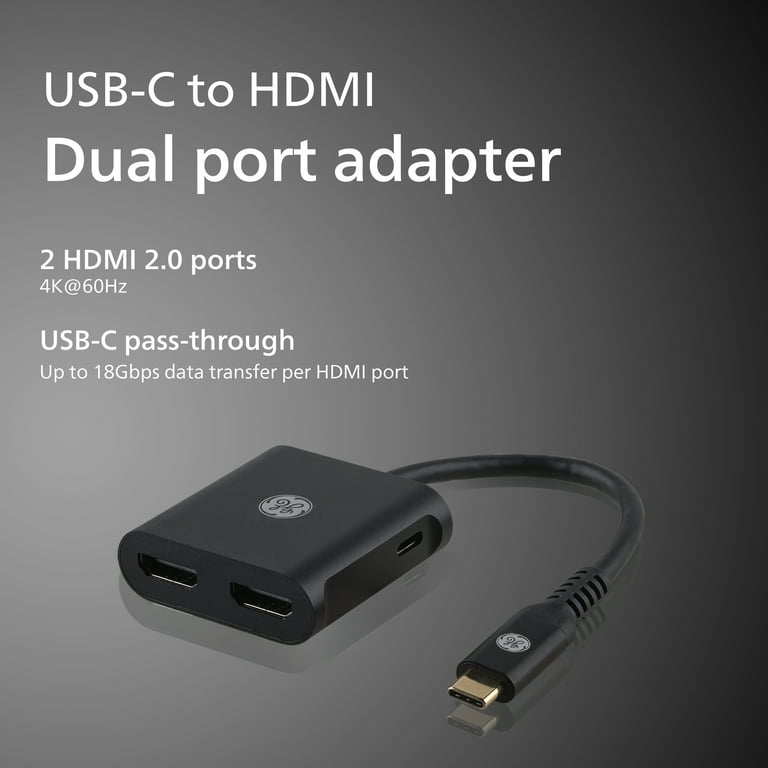 GE USB-C to Dual HDMI Adapter Black 4K at 60Hz, Supports 2 HDMI